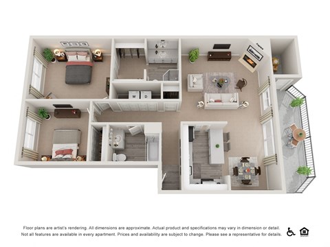 Floor plan for 2 beds, 2 baths, 963 sqft